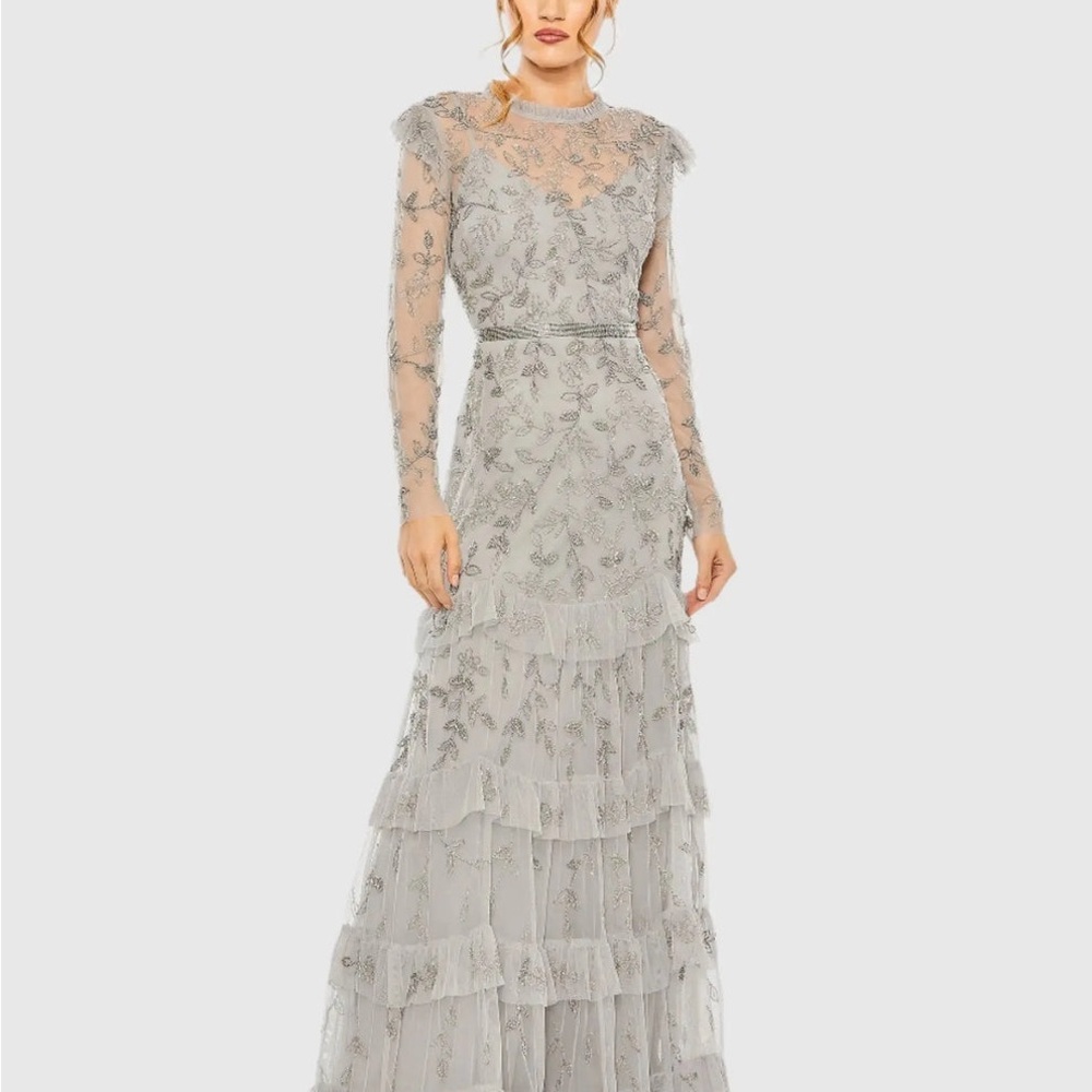 MAC DUGGAL 9237 FLORAL EMBELLISHED FLUTTER CAP LONG SLEEVE PLATINUM GOWN  $798